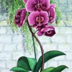 Original watercolor painting of Purple Orchids against white bricks