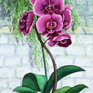 Original watercolor painting of Purple Orchids against white bricks